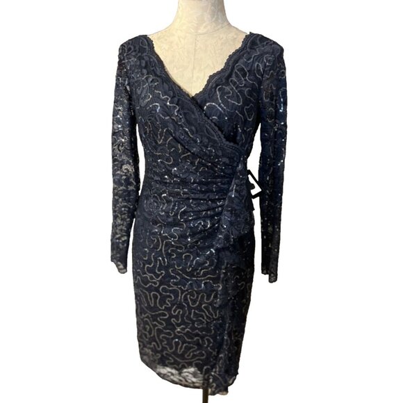 Marina Evening Dress 4 Navy Blue Sequin Lace Holiday Cruise Wedding Party NEW - Picture 2 of 9